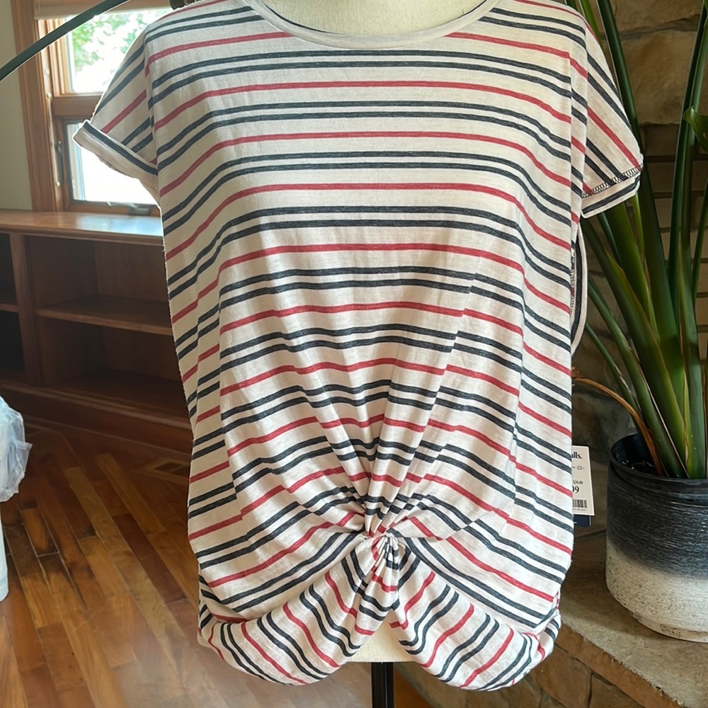 Lucky Brand Striped Capped Sleeve Twist Front Top Shirt Women's Tee Size XL